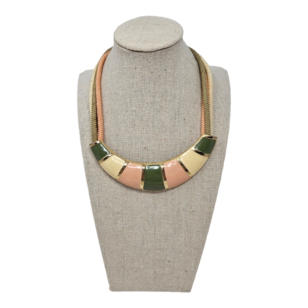 Enameled Statement Necklace Gold Green Cream Peach Tones